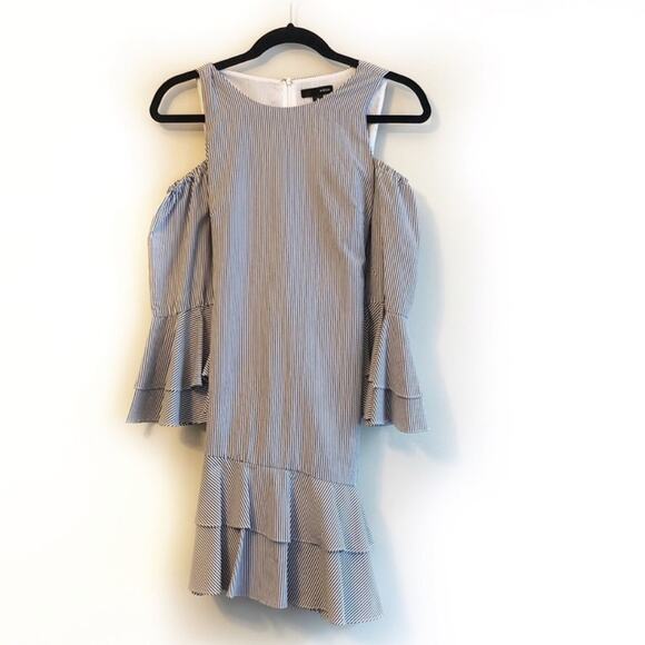 Aqua Cold-Shoulder Ruffled Striped Dress - Picture 3 of 6